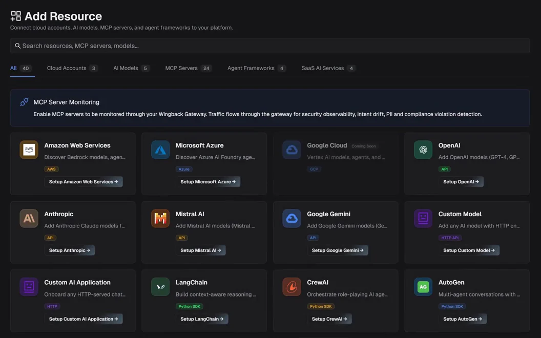 Wingback’s Add Resource screen: connector cards for Amazon Web Services, Microsoft Azure, Anthropic, Mistral AI and more, each with a Setup button. Outlined: the Setup button for Amazon Web Services.