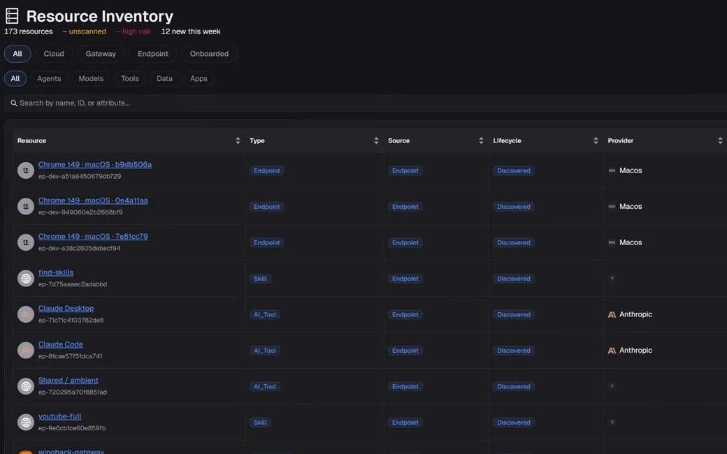 Wingback’s Resource Inventory: a table of resources with type, source, lifecycle and provider, every one marked Discovered. Outlined: the row for Claude Code, an AI tool found on an endpoint.